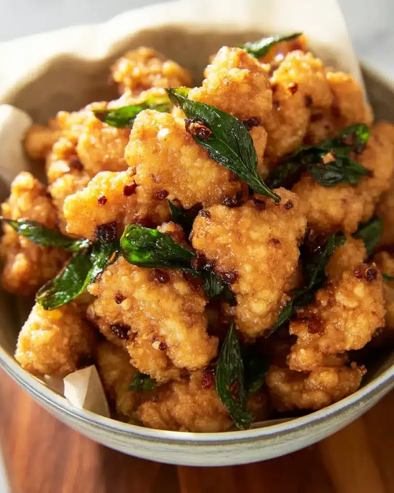 Crispy Taiwanese popcorn chicken with Thai basil and chili flakes in a ceramic bowl.