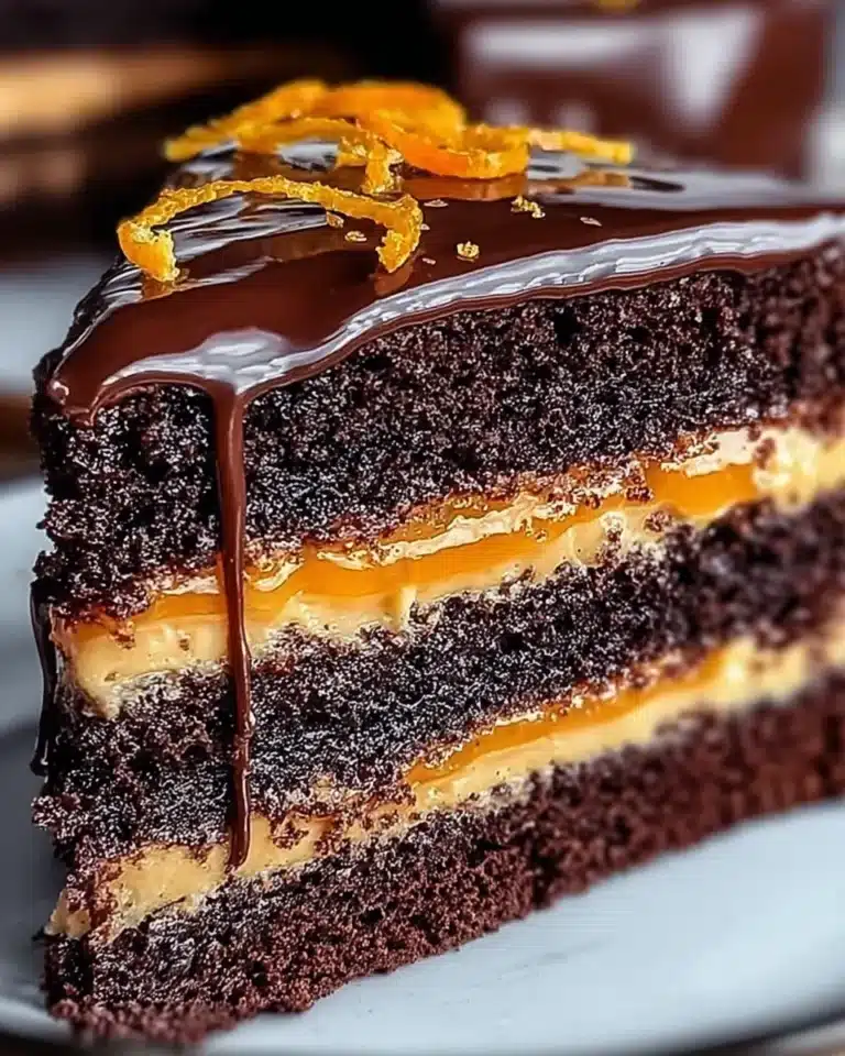 Moist chocolate-orange layer cake with citrus glaze and glossy ganache drizzle