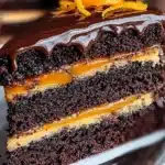 Triple-layer chocolate cake with orange glaze and glossy ganache topping