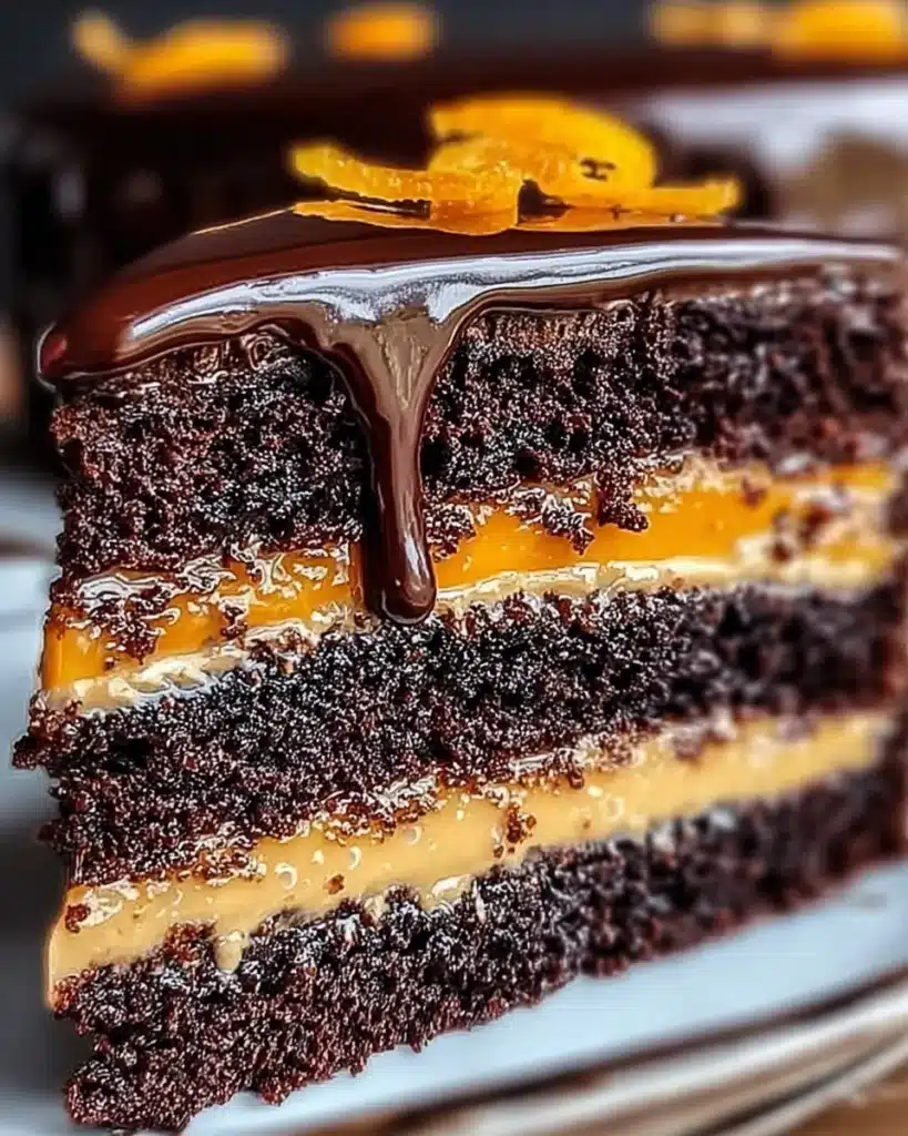 Chocolate-orange cake never looked so good: a layered chocolate cake slice topped with zesty orange glaze and a rich ganache finish.