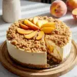 Whole peach crumb cheesecake topped with fresh peach slices