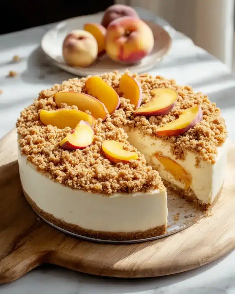 Peach crumb cheesecake with fresh peach slices and golden crumble topping