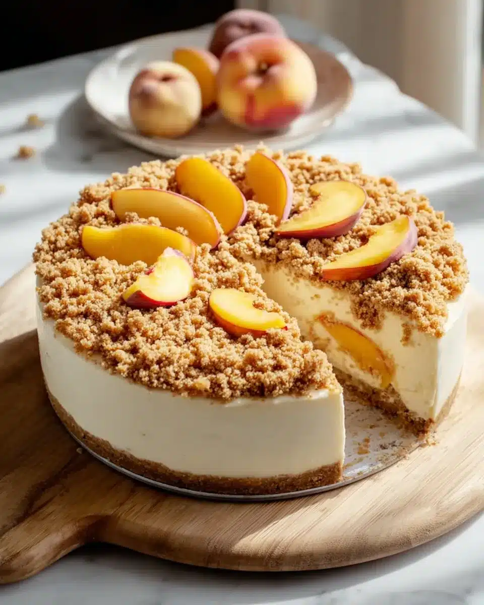 Peach crumb cheesecake with fresh peach slices and golden crumble topping