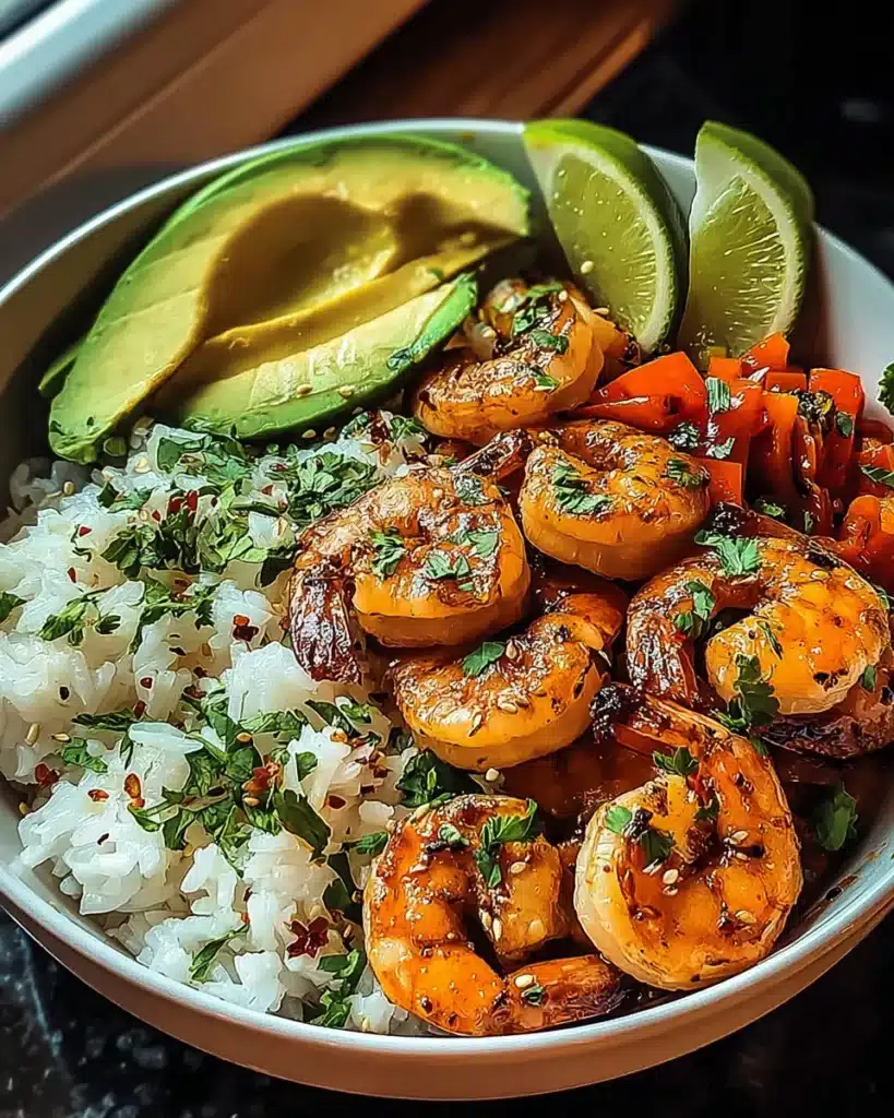 Spicy sautéed shrimp rice bowl with avocado slices and lime wedges
