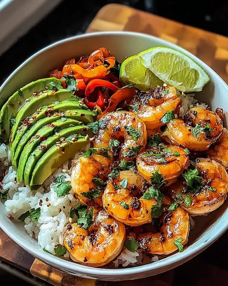 Spicy shrimp and avocado rice bowl with grilled peppers and lime slices