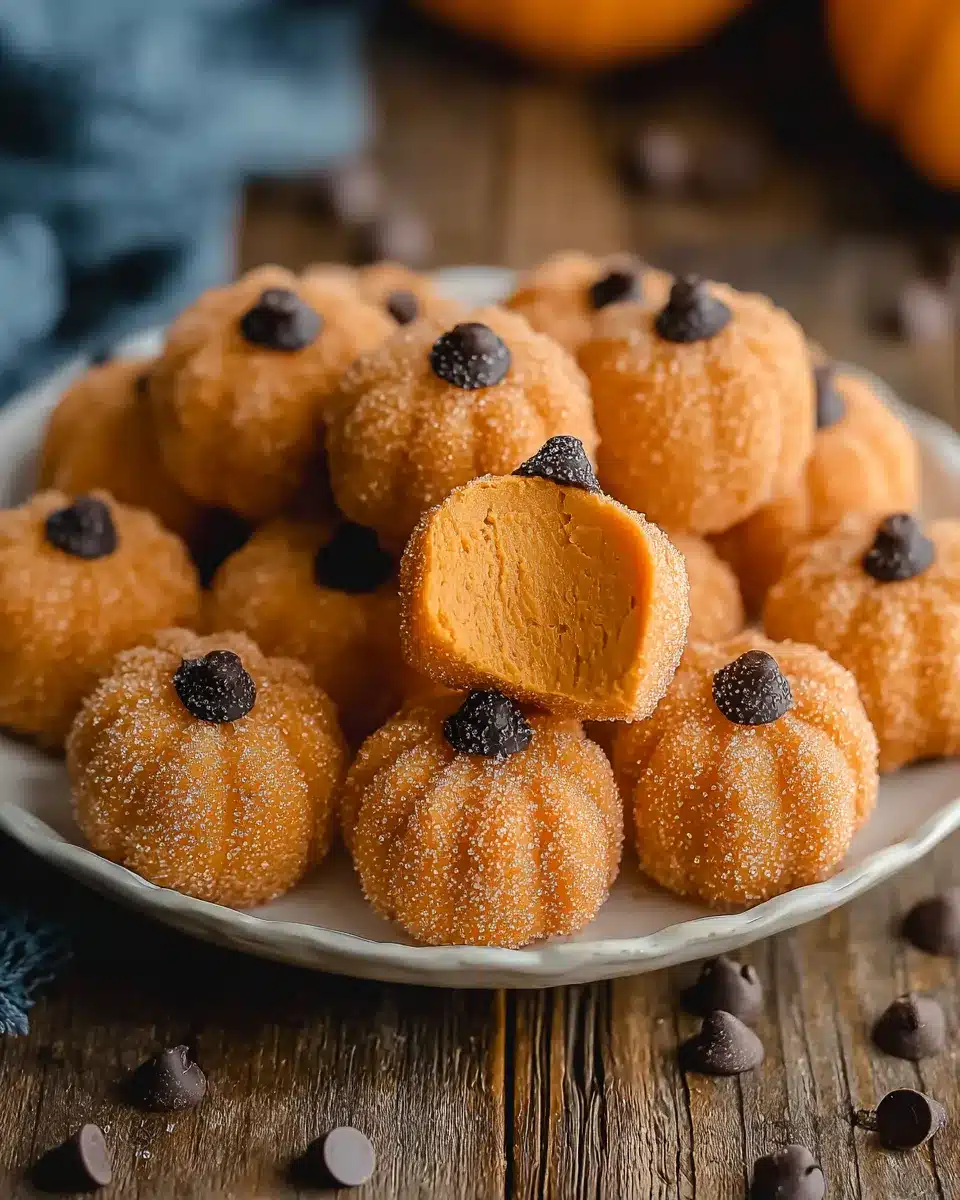 Pumpkin cheesecake truffles shaped like mini pumpkins, coated in sugar and topped with chocolate chips.