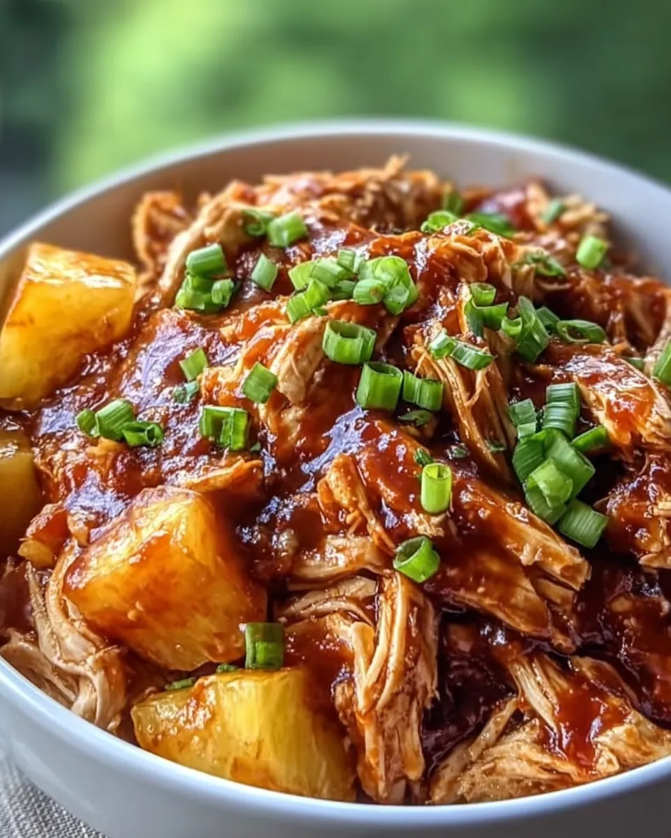 Shredded pineapple BBQ chicken topped with green onions in a white bowl