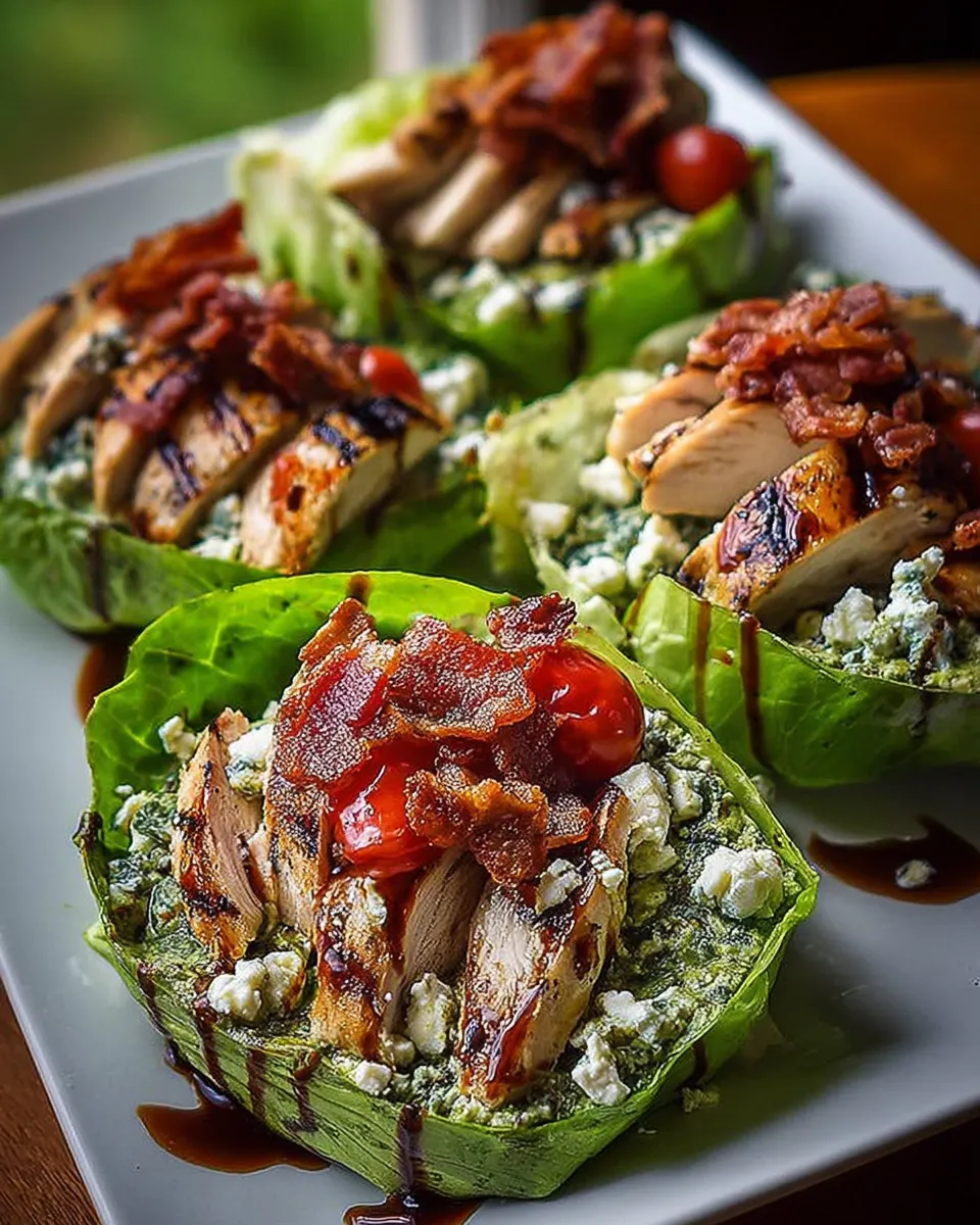Grilled pesto chicken lettuce wraps with feta, cherry tomatoes, and crispy bacon.