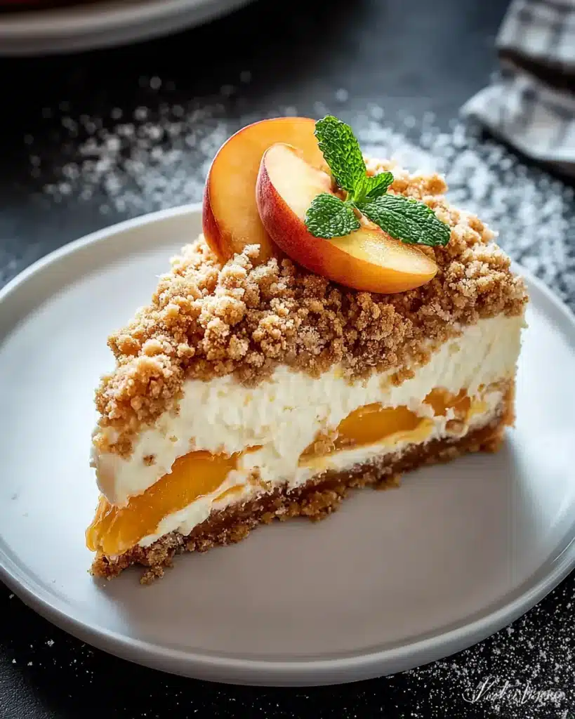 Slice of peach crumb cheesecake with peach slices and mint on top