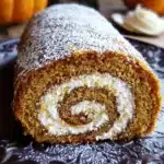 Close-up of honey pumpkin roll with creamy swirl filling