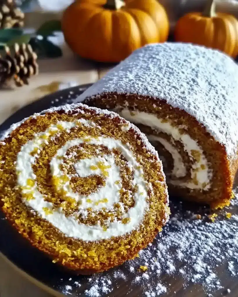 Sliced honey pumpkin roll on plate with powdered sugar topping