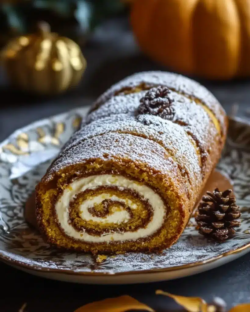 Honey pumpkin roll cake with cream cheese filling dusted with powdered sugar