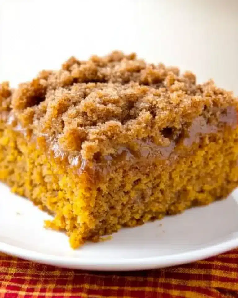 Moist pumpkin crumb cake slice with cinnamon sugar topping