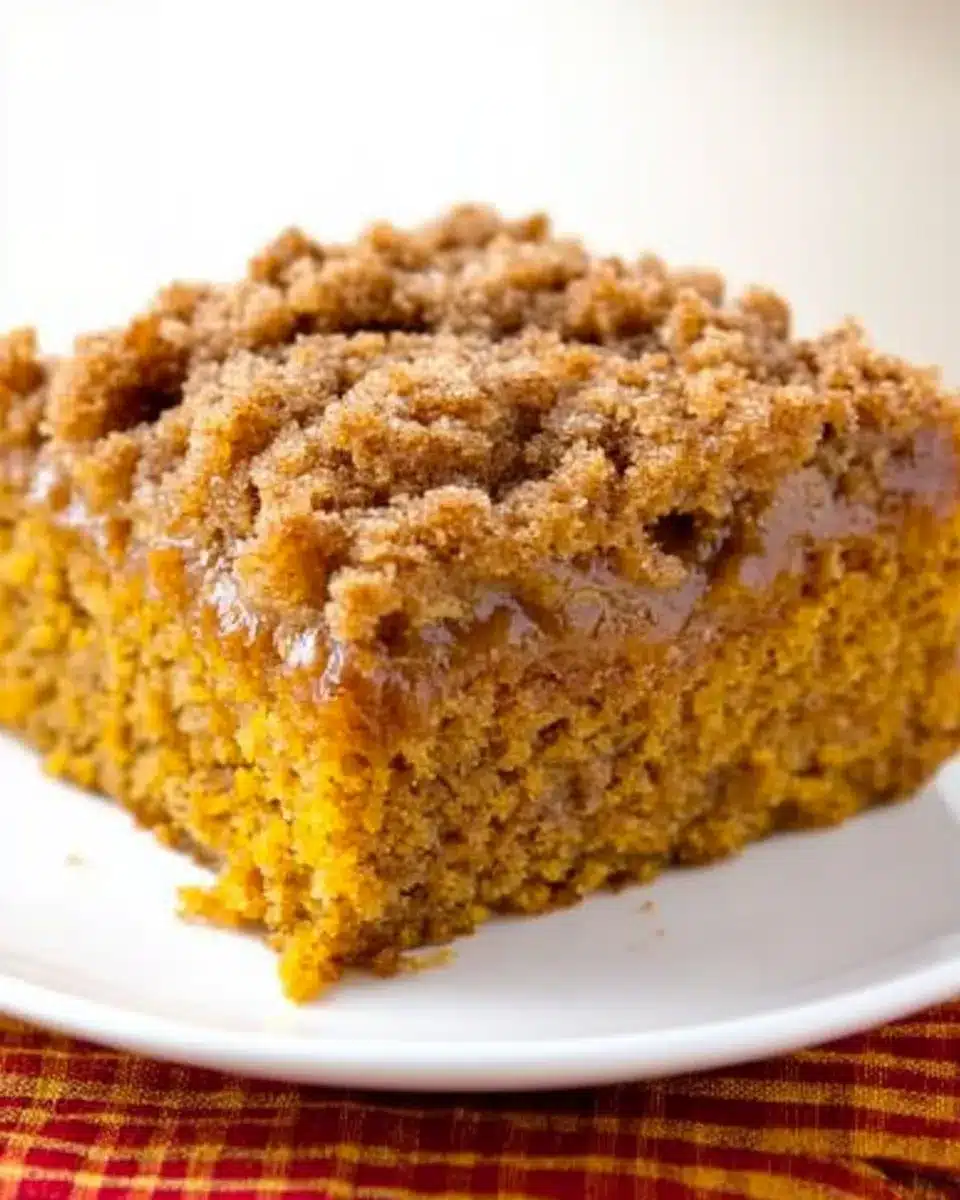 Moist pumpkin crumb cake slice with cinnamon sugar topping