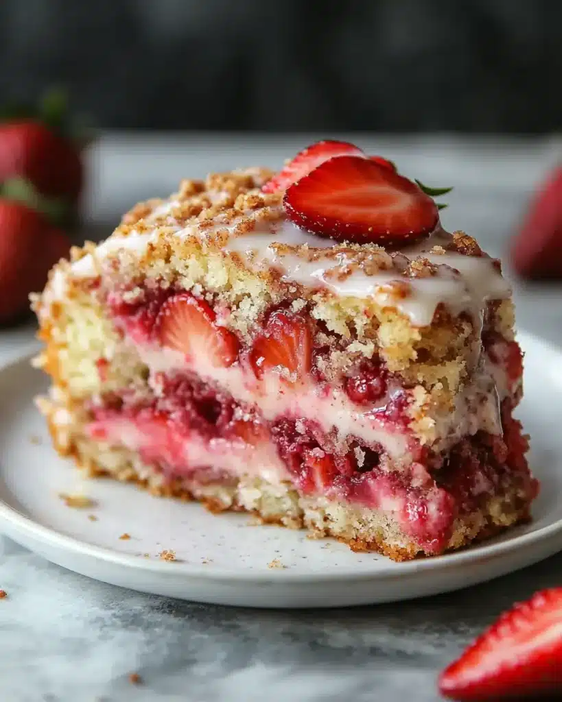 Moist strawberry coffee cake slice with glaze and fresh berries