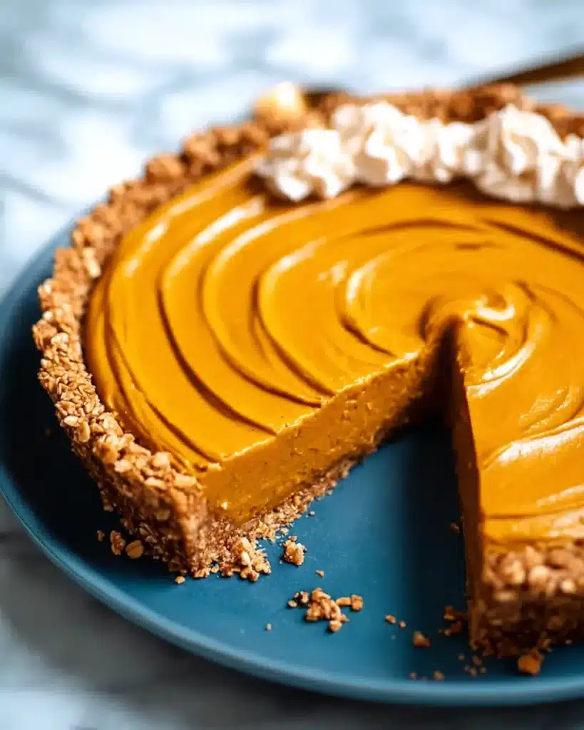 Whole vegan pumpkin pie with granola crust on blue plate