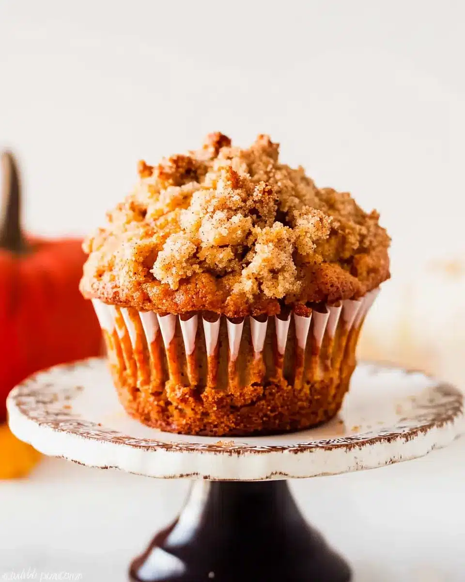 Single apple pumpkin muffin with golden cinnamon streusel on cake stand.