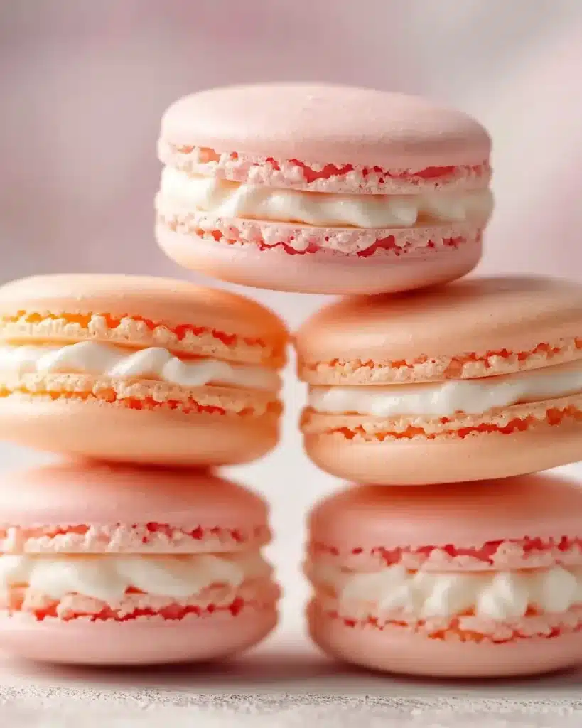 Pink and peach French macarons with vanilla buttercream filling