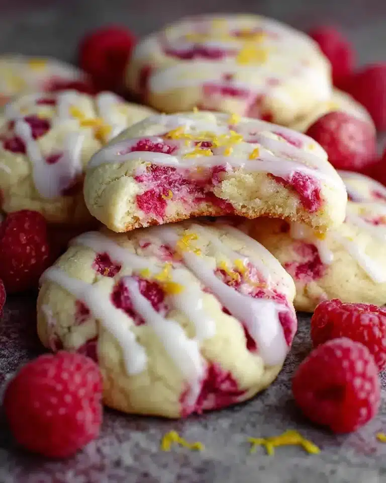 Chewy lemon raspberry cookies with glaze and fresh raspberries