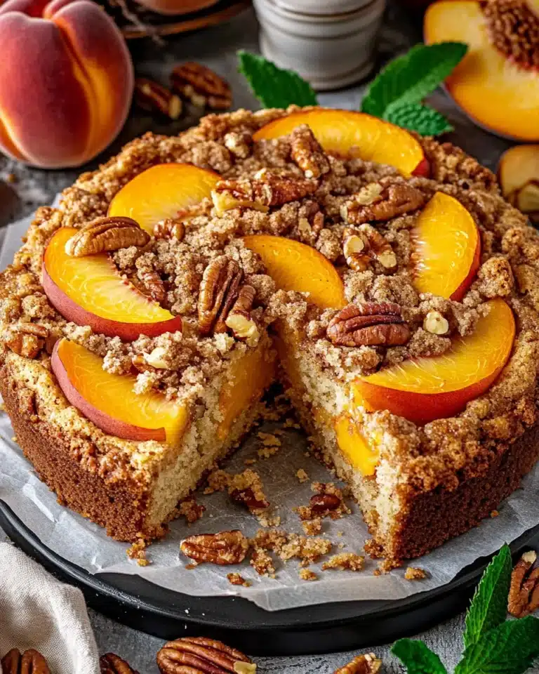 Slice of moist peach coffee cake with cinnamon streusel and pecans