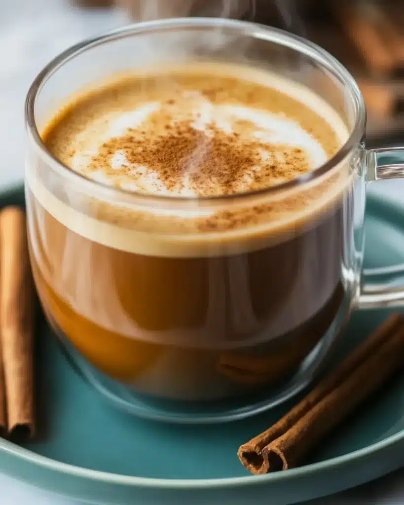 Pumpkin latte with latte art and cinnamon sticks on plate