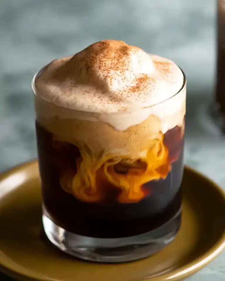 Homemade pumpkin cream cold foam on iced coffee with cinnamon topping