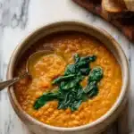 Vegan pumpkin lentil soup in a bowl with spinach
