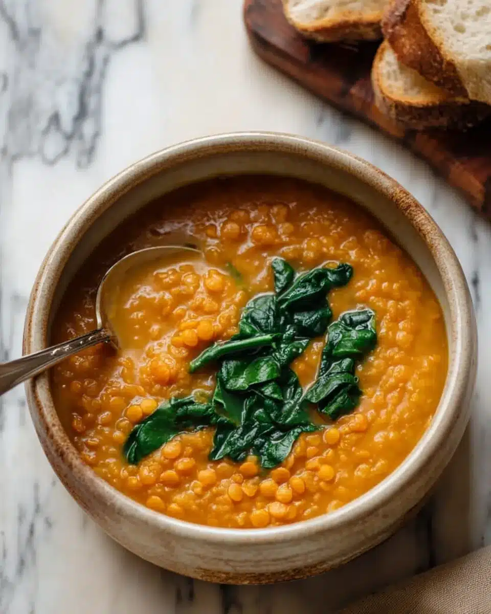 Vegan pumpkin lentil soup in a bowl with spinach