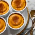 Pumpkin pudding in white ramekins on tray with spoons
