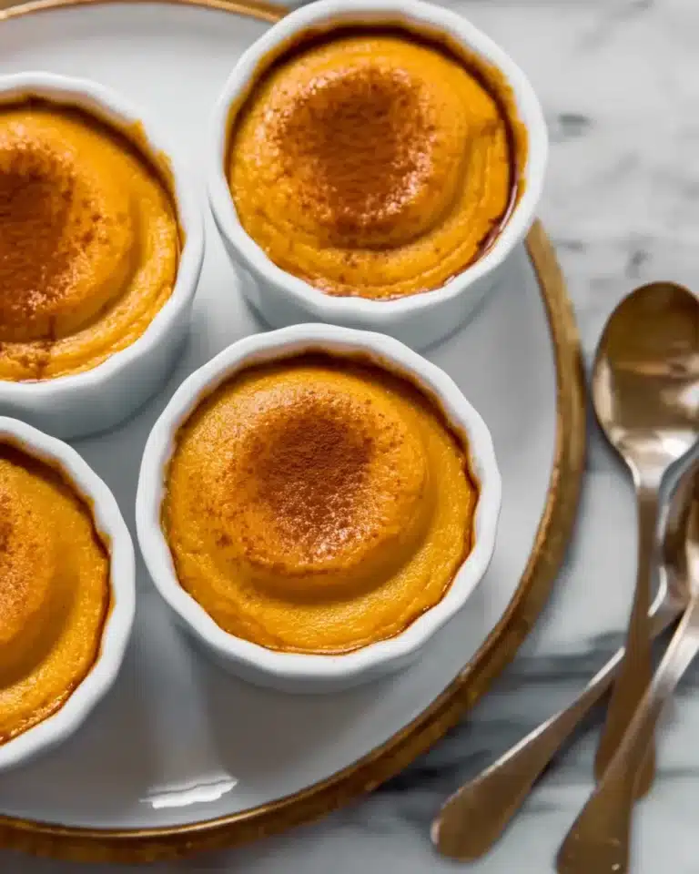 Pumpkin pudding in white ramekins on tray with spoons