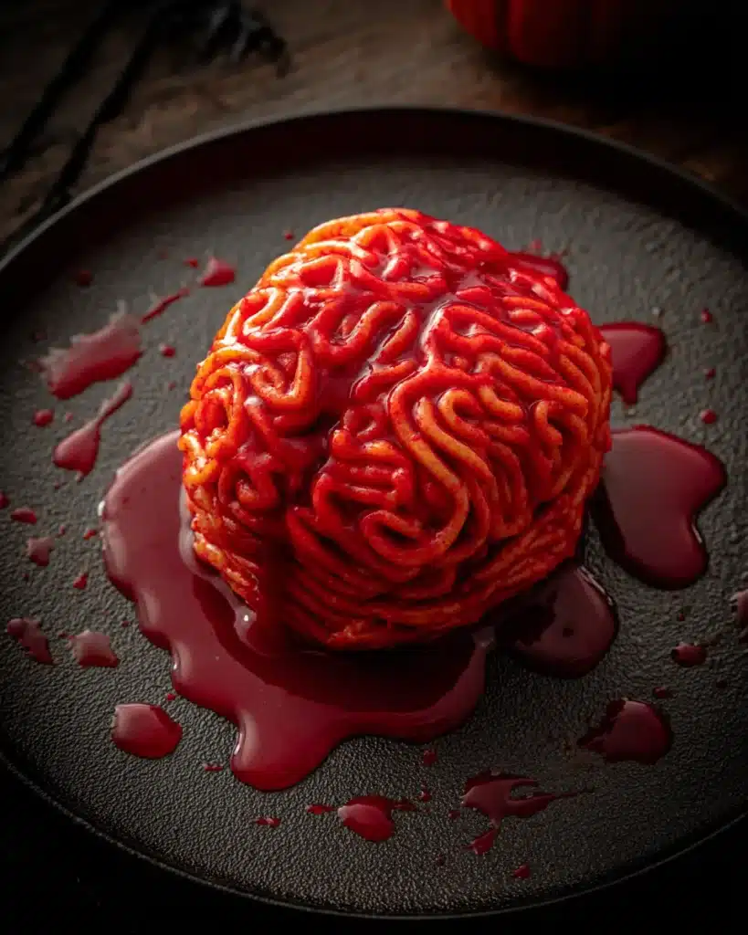 Spooky brain-shaped spaghetti casserole with marinara glaze
