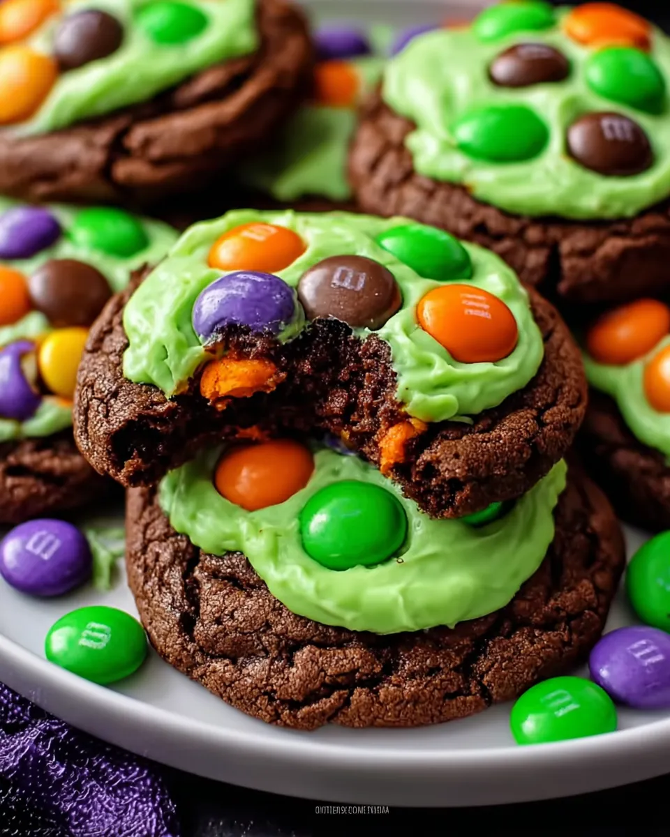 Halloween chocolate cookies with neon green frosting and colorful M&M’s