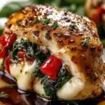 Mozzarella stuffed chicken with roasted peppers and basil