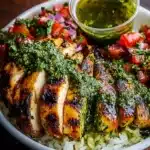 Grilled chicken with chimichurri over rice and fresh pico de gallo