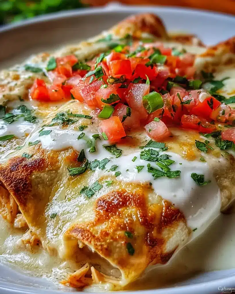 Chicken Enchiladas with Sour Cream White Sauce  baked chicken enchiladas with a rich sour cream sauce, melted cheese, and fresh tomato topping.