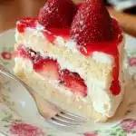 Slice of vanilla cake with cream cheese frosting and fresh strawberry topping
