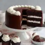 Hostess Cupcake Layer Cake with marshmallow cream layers and chocolate ganache frosting.