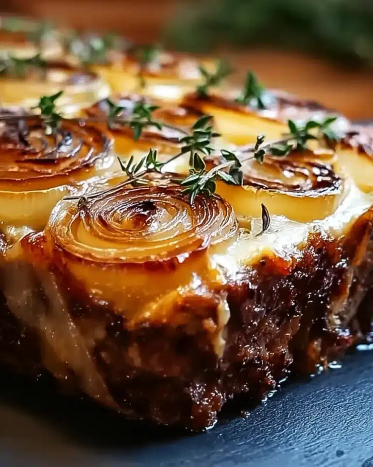 Golden French onion meatloaf topped with caramelized onions, melted cheese, and fresh thyme sprigs.