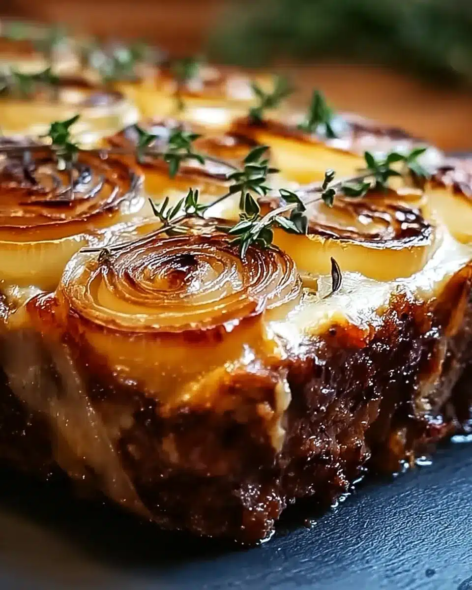 Golden French onion meatloaf topped with caramelized onions, melted cheese, and fresh thyme sprigs.