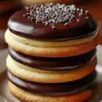 Stacked Boston Cream Pie Cookies with glossy chocolate tops and cream layers