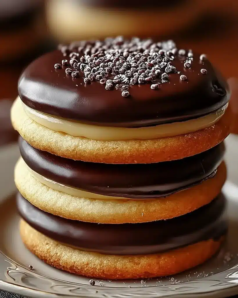 Layered Boston Cream Pie Cookies topped with chocolate glaze and sprinkles