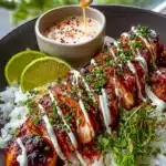 Sweet chili chicken with creamy sauce drizzle, rice, lime wedges, and fresh herbs in a bowl.