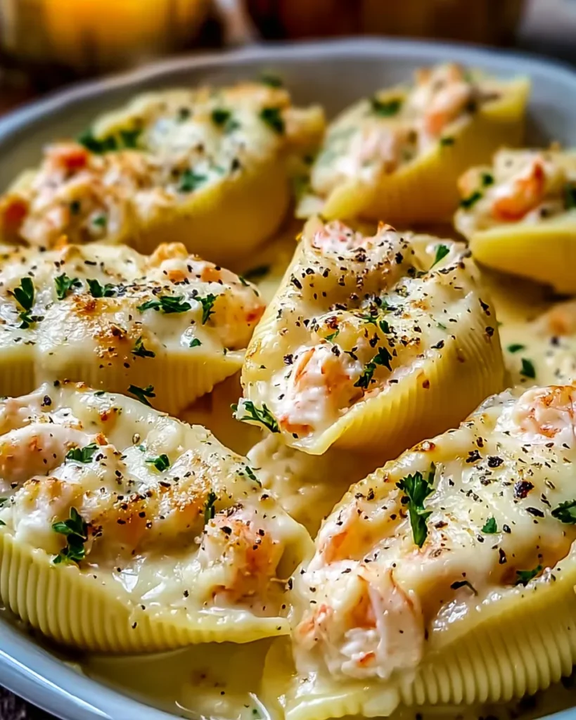 Creamy Seafood Stuffed Shells – Jumbo pasta shells filled with lobster, crab, and shrimp in a creamy cheese sauce.