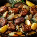 Rustic sausage and apple skillet with herbs and golden onions