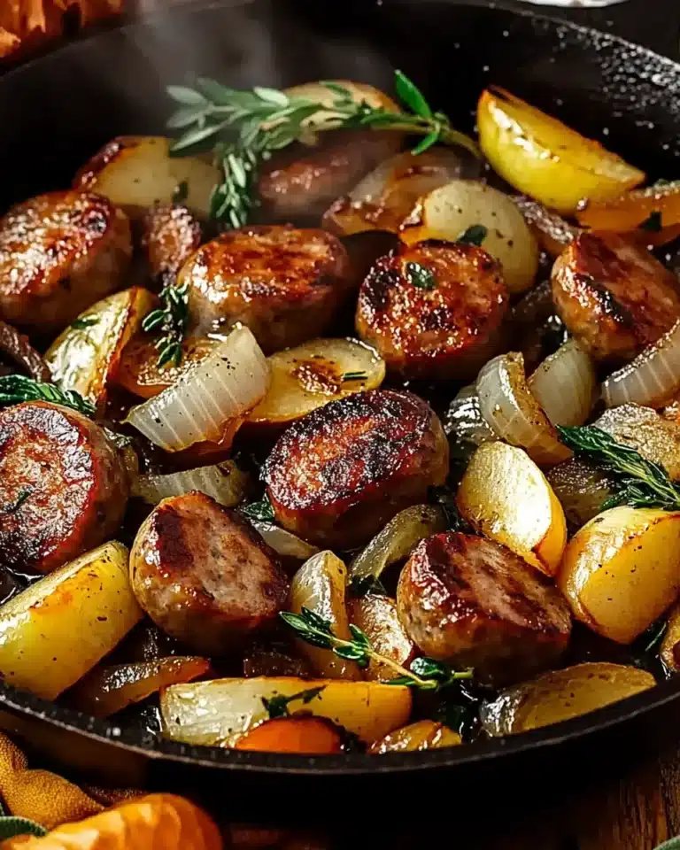 Rustic sausage and apple skillet with herbs and golden onions