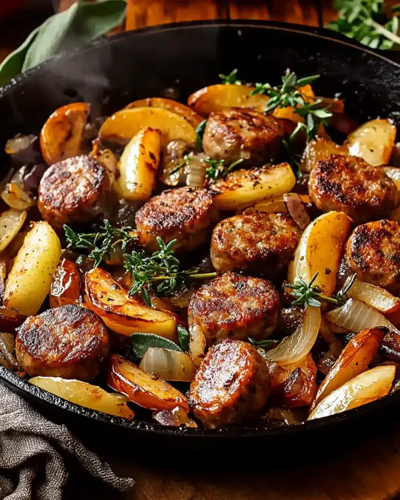 Fall skillet dinner with sausage, apples, onions, and thyme herbs