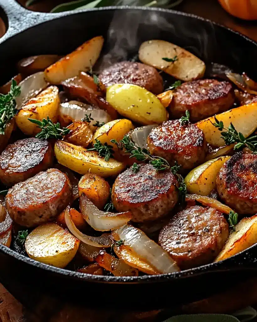 Sausage and apple skillet with onions in cast iron pan – fall dinner recipe