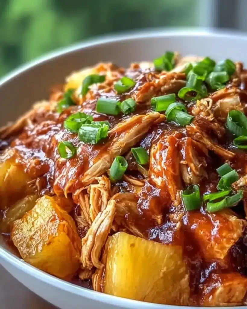 Close-up of Crockpot Pineapple BBQ Chicken—juicy, shredded chicken in sweet BBQ sauce, topped with fresh green onions.