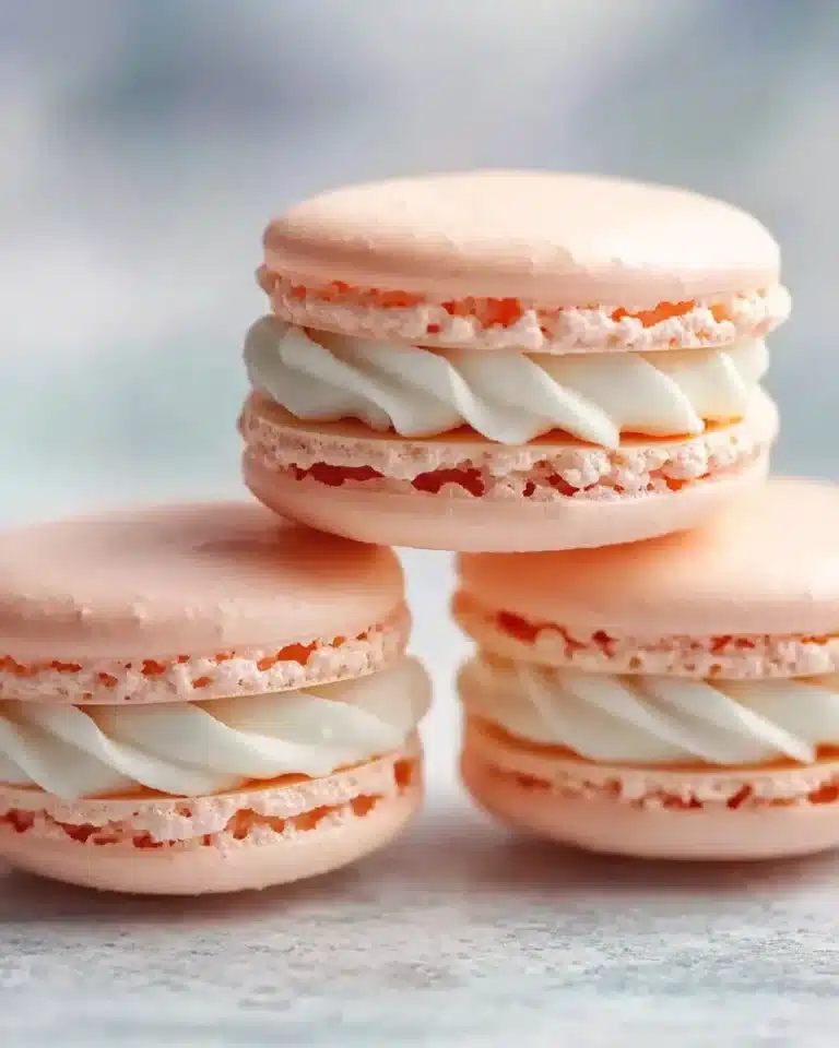 Peach French macarons with creamy vanilla buttercream