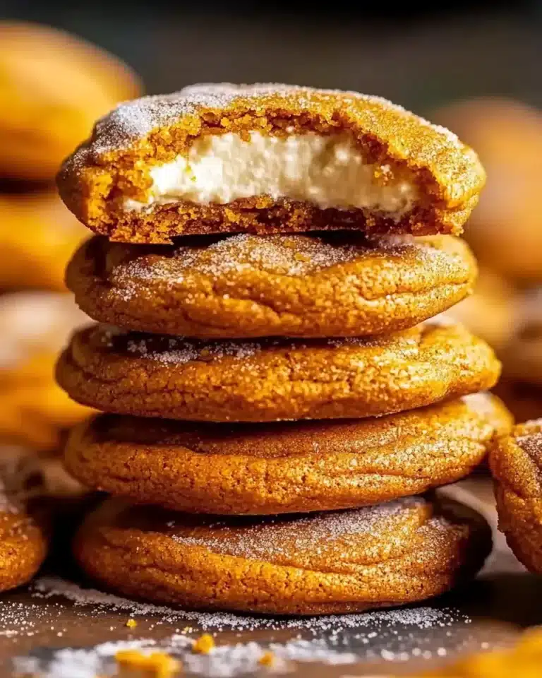 Chewy pumpkin cheesecake cookies stacked, showing creamy center.